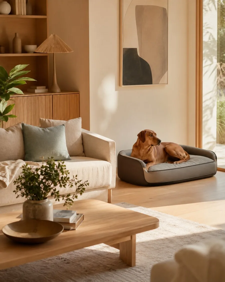 A dog resting in a premium bed inside a warm modern living room.