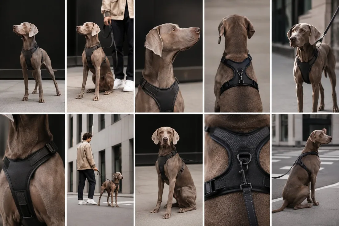 Close details of premium pet gear surfaces and hardware.