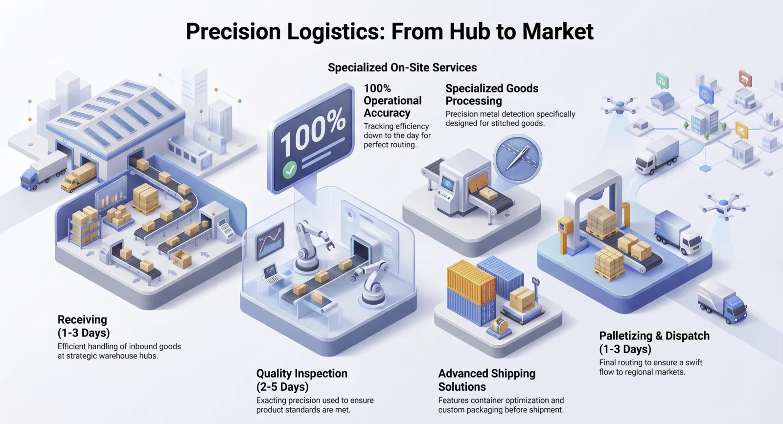 Precision logistics diagram showing warehouse receiving, quality inspection, specialized on-site processing, shipping solutions, and palletizing dispatch from hub to market.
