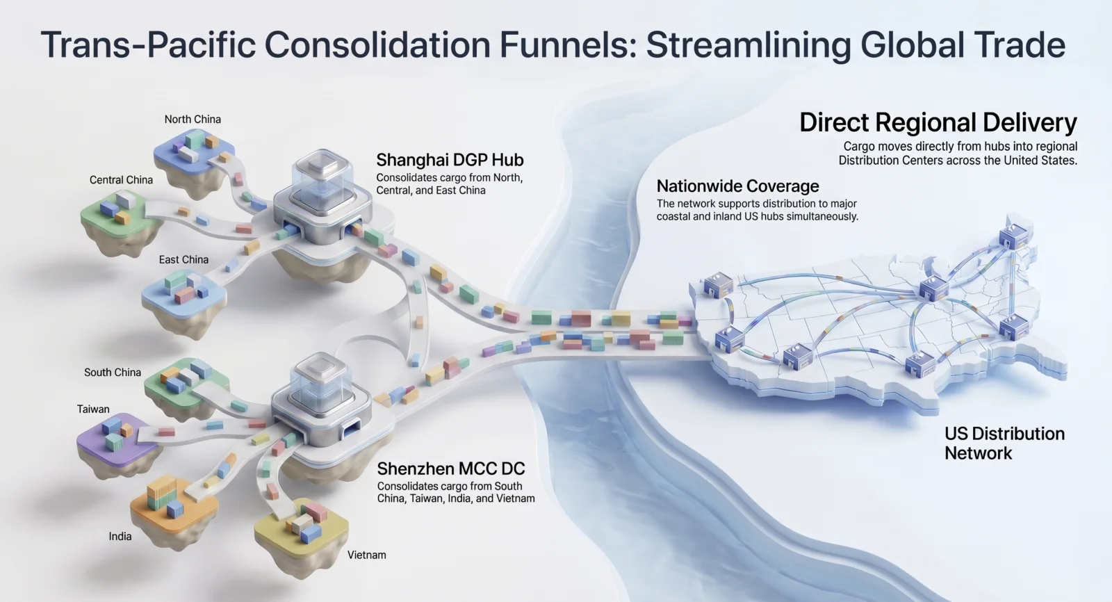 Trans-Pacific consolidation funnels diagram showing Shanghai and Shenzhen logistics hubs feeding direct regional delivery across the United States.