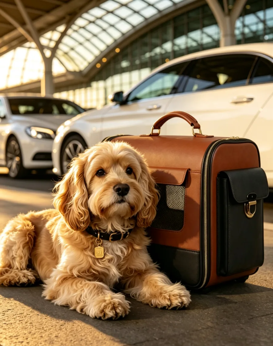 A dog beside premium transit luggage and travel protection gear.